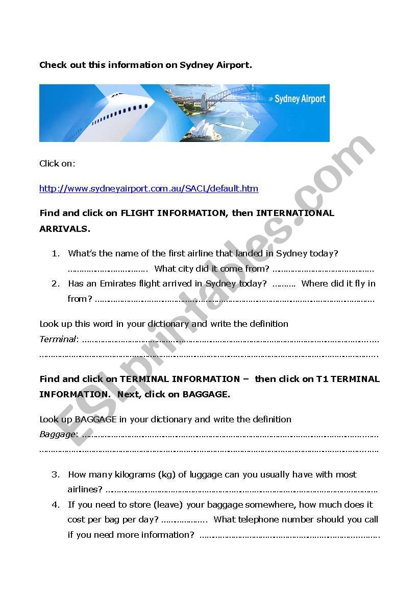 Sydney Airport websearch worksheet