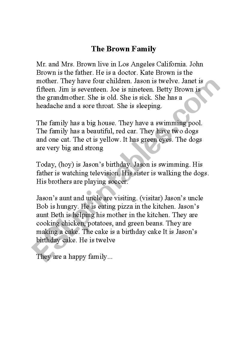 The Brown Family story worksheet