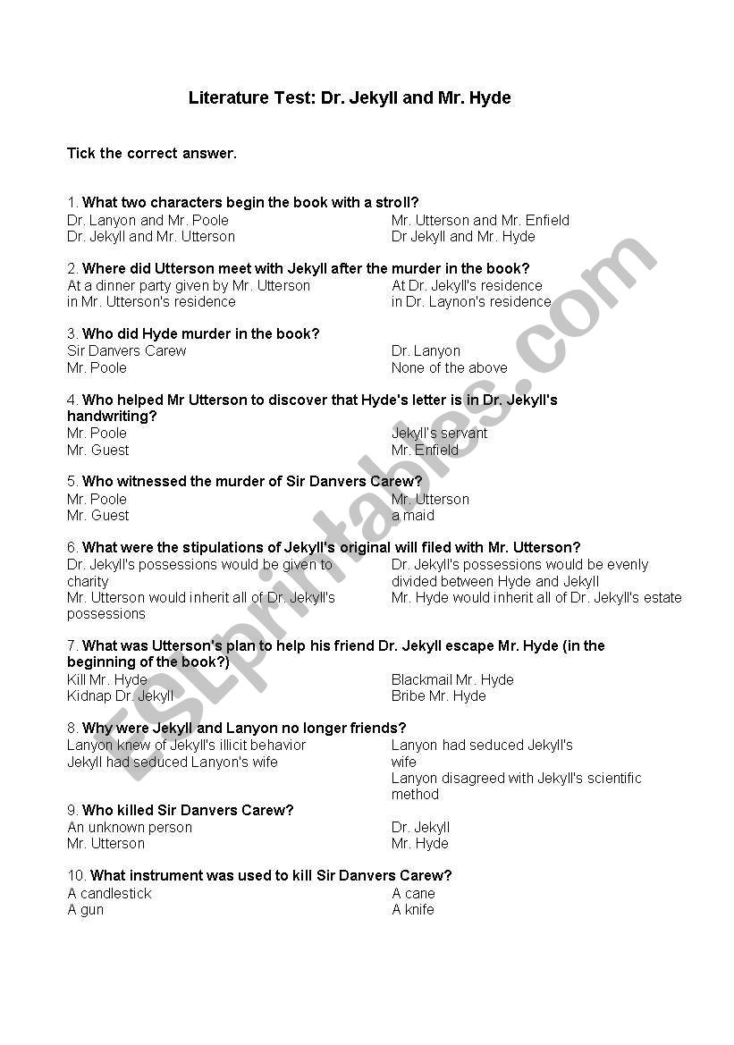 Dr Jekyll and Mr Hyde: Comprehension test