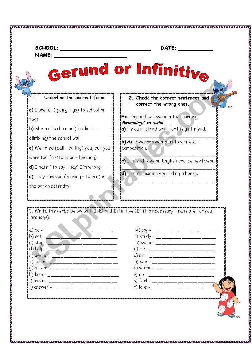Gerund or Infinitive worksheet