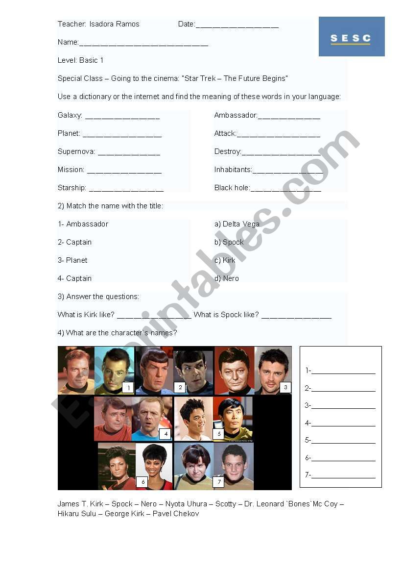 Star Trek Movie Activity worksheet