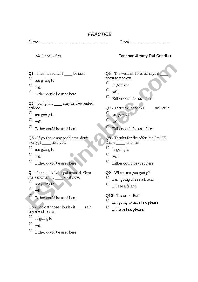 future going or will worksheet