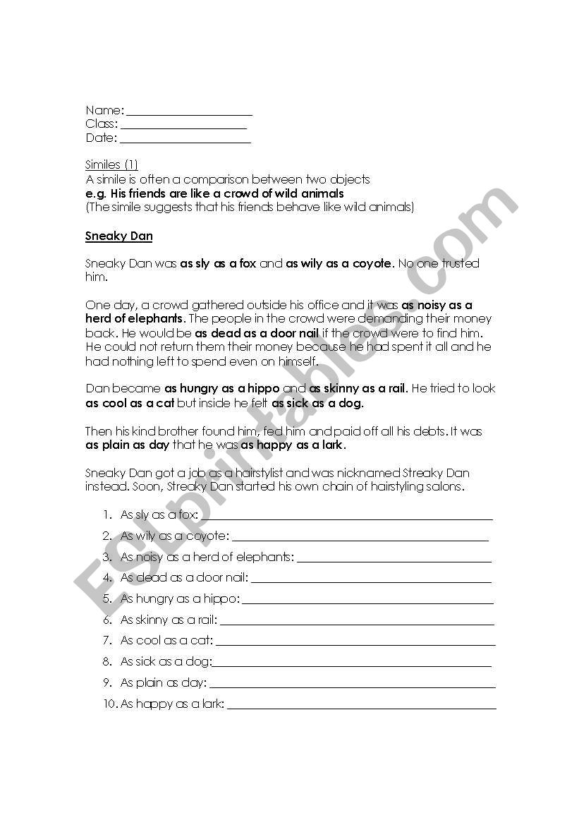 Similes worksheet