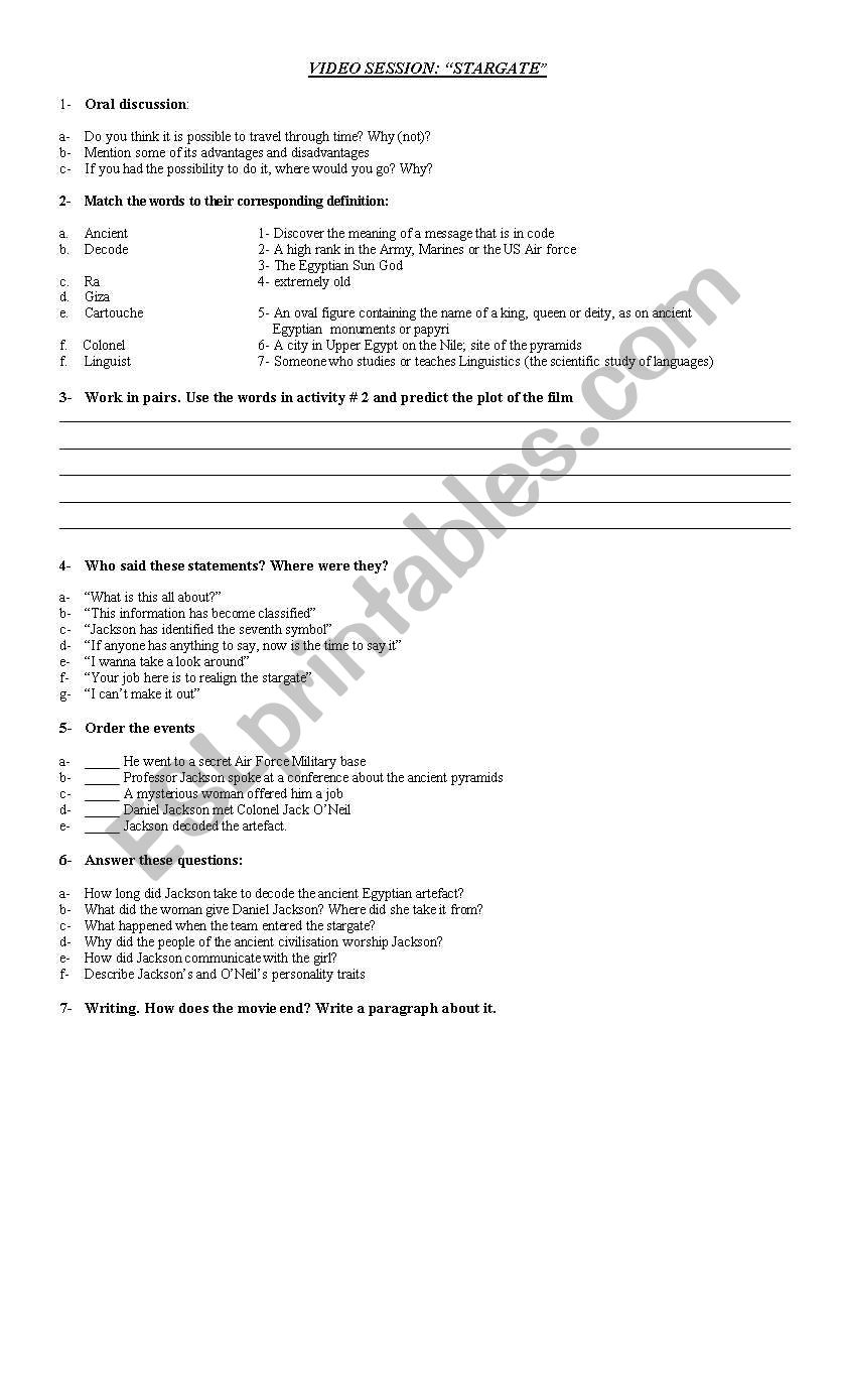 Video Guide Stargate worksheet