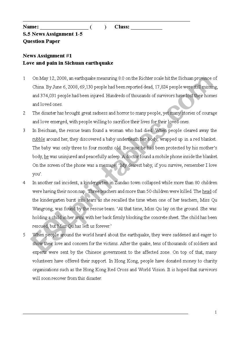 News assignment worksheet