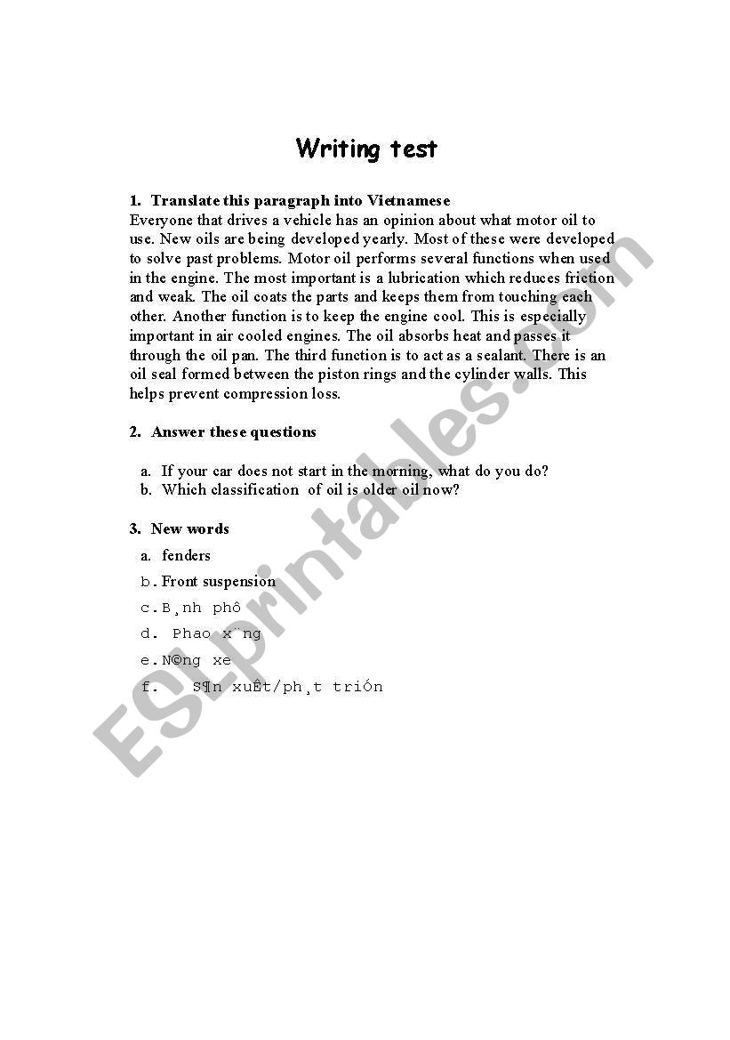 Writting test for primary students