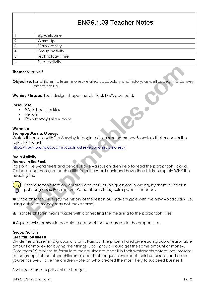 Money worksheet