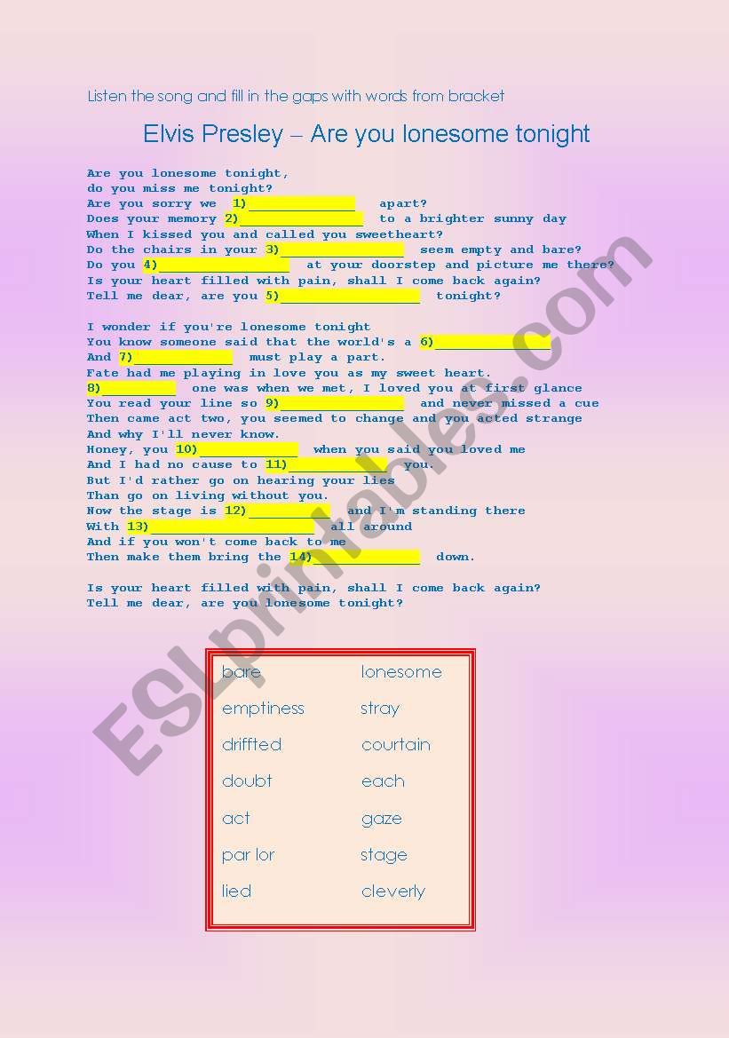 Are you lonesome tonight? worksheet