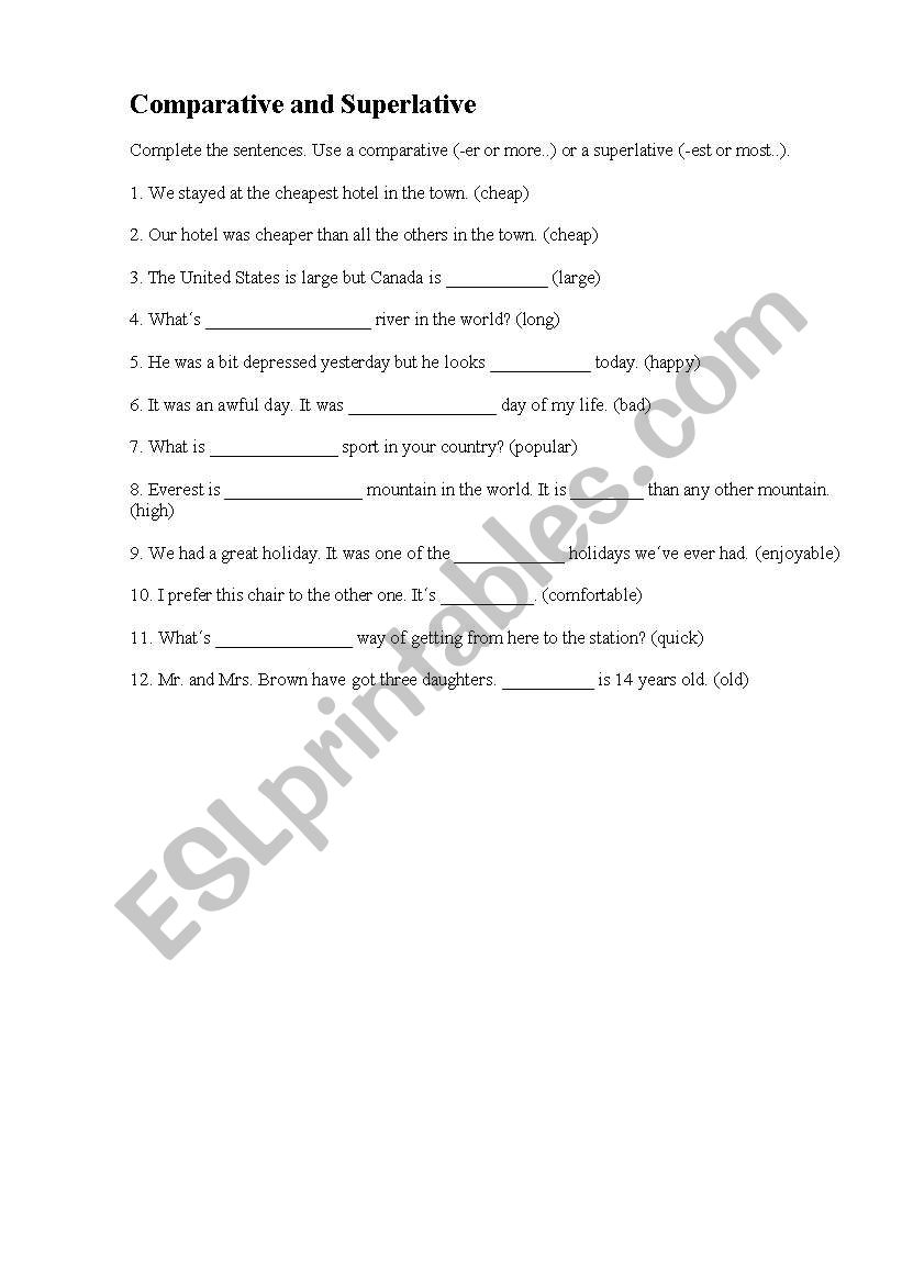 Comparative and Superlative worksheet