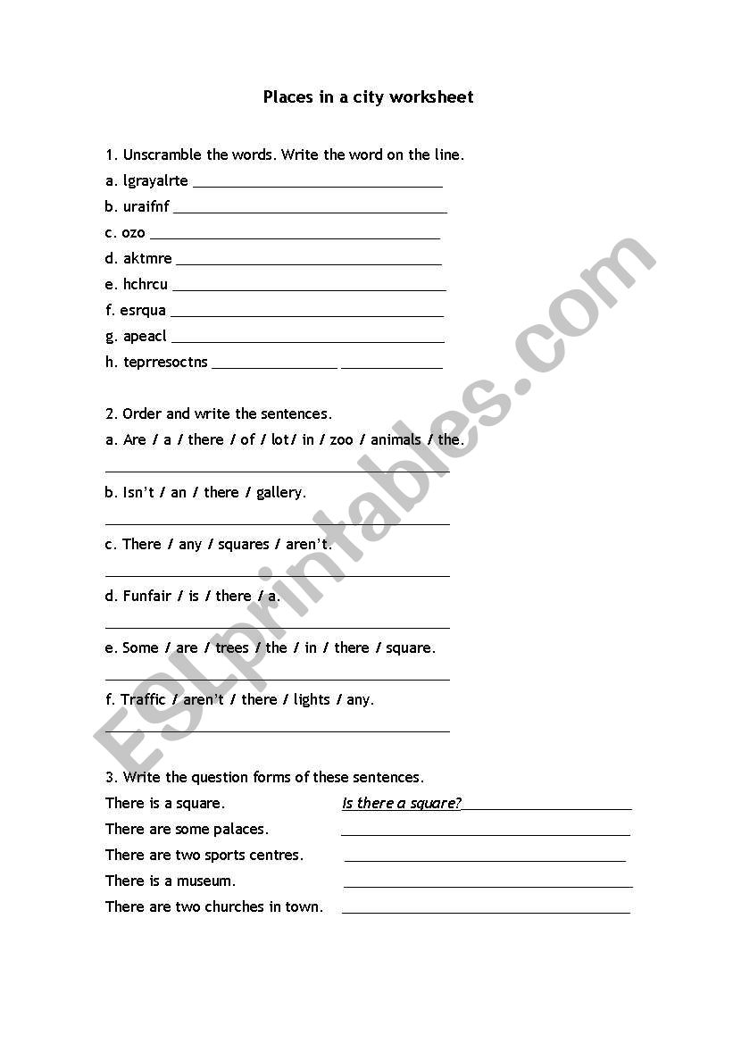 PLaces in a city worksheet