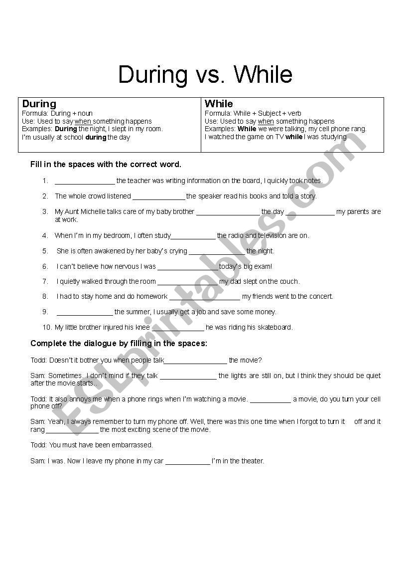 During vs. While worksheet