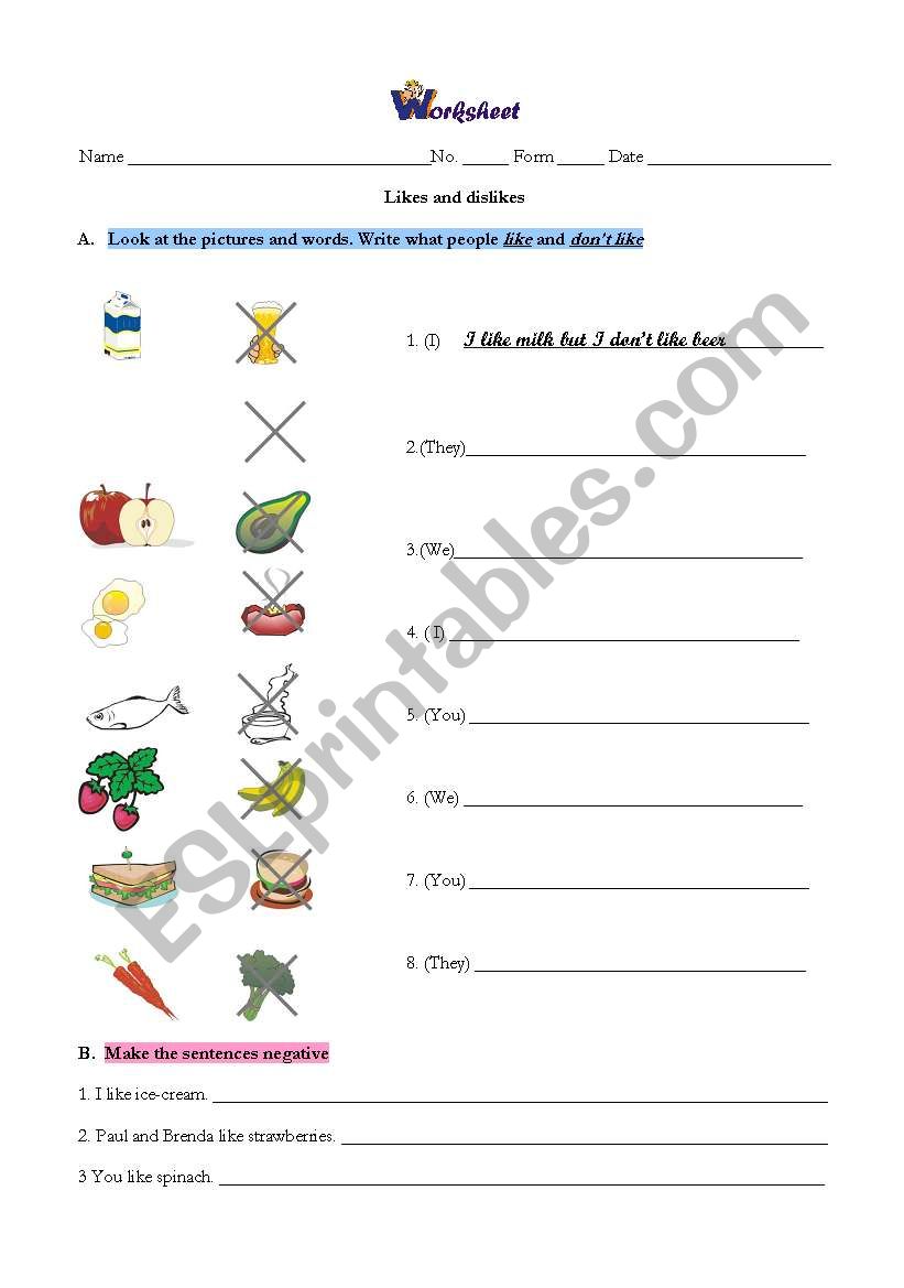 Likes and Dislikes worksheet