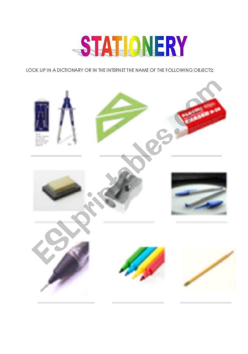 Items of stationery worksheet