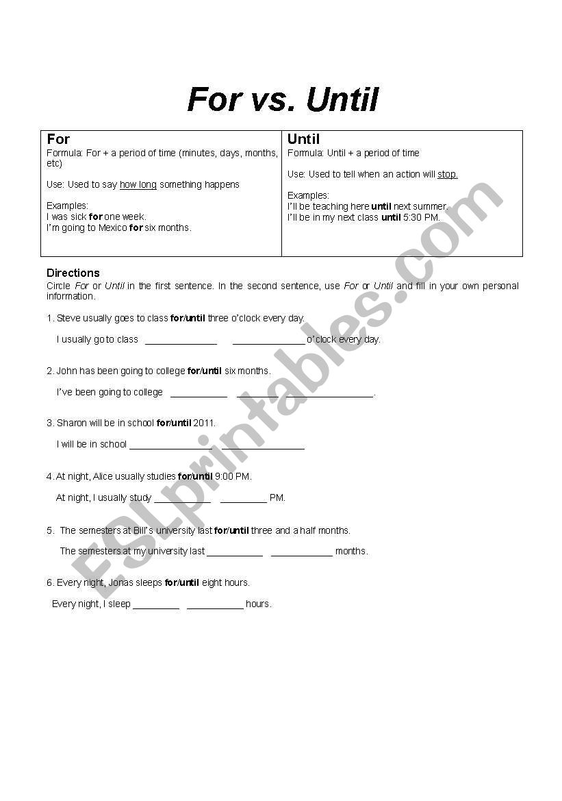 For vs. Until worksheet