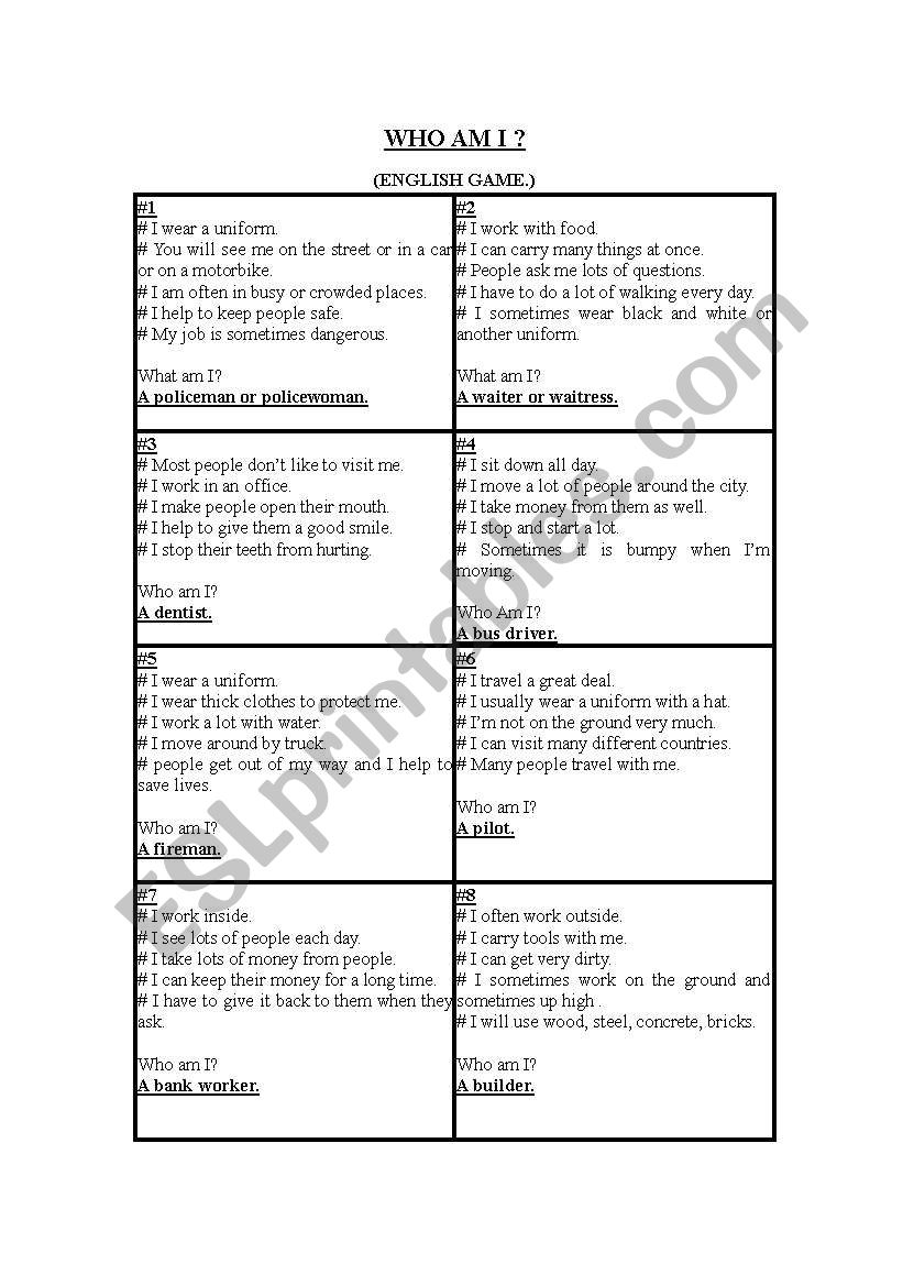 Guessing game about jobs worksheet