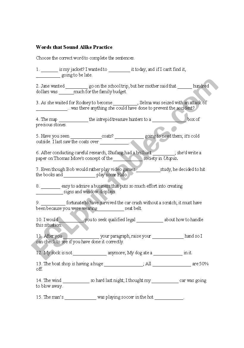 Words that sound alike practice worksheet