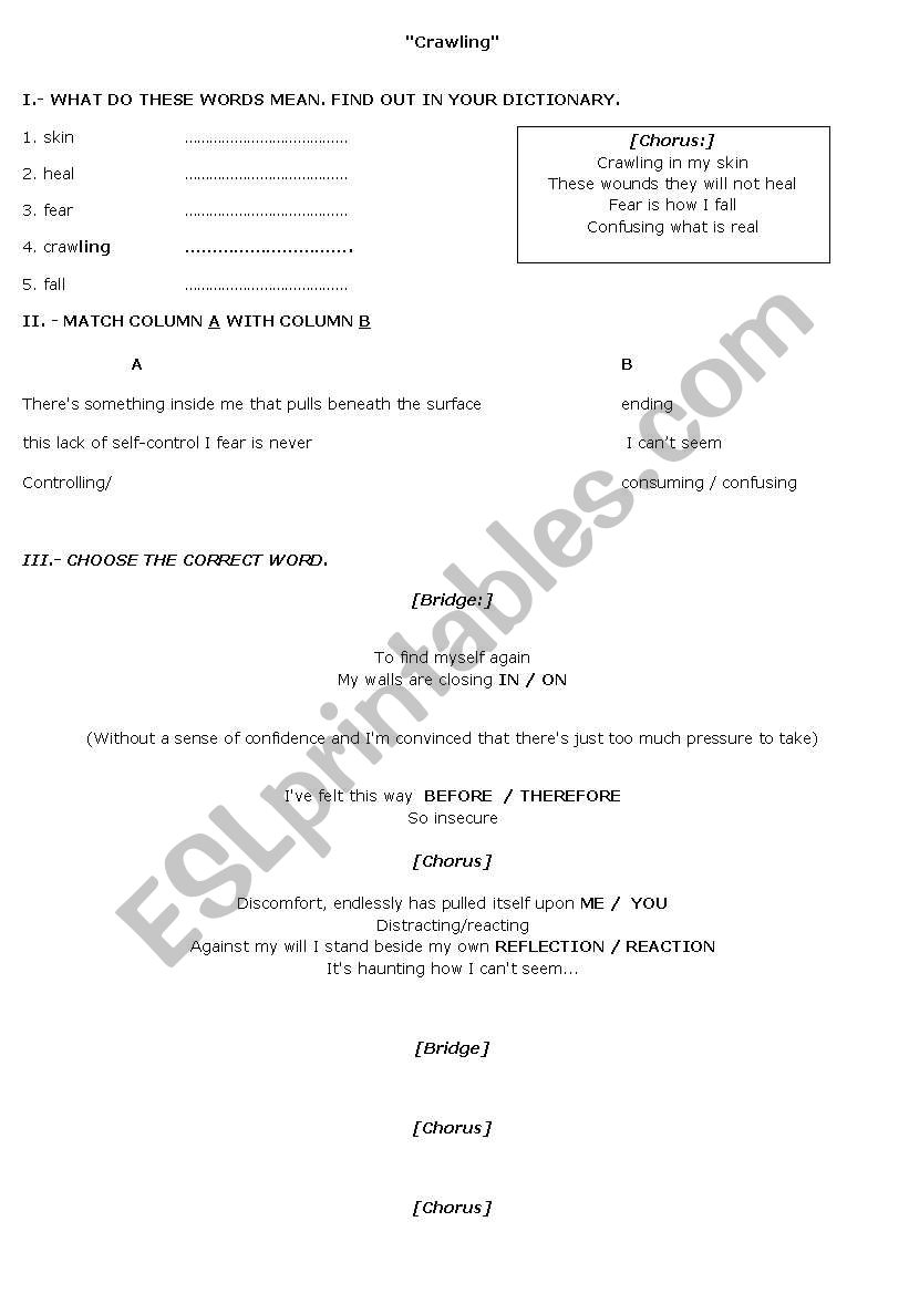 CRAWLING    By  LinkinPark    worksheet