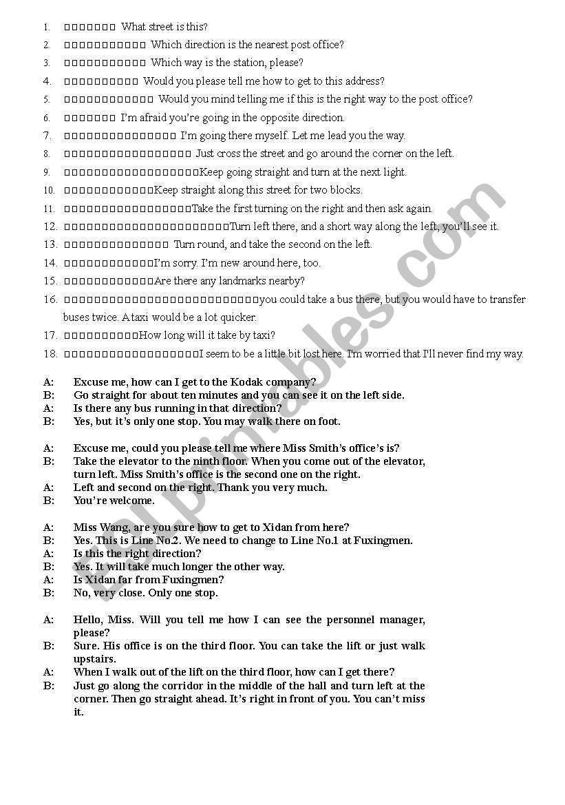 asking and giving directions worksheet