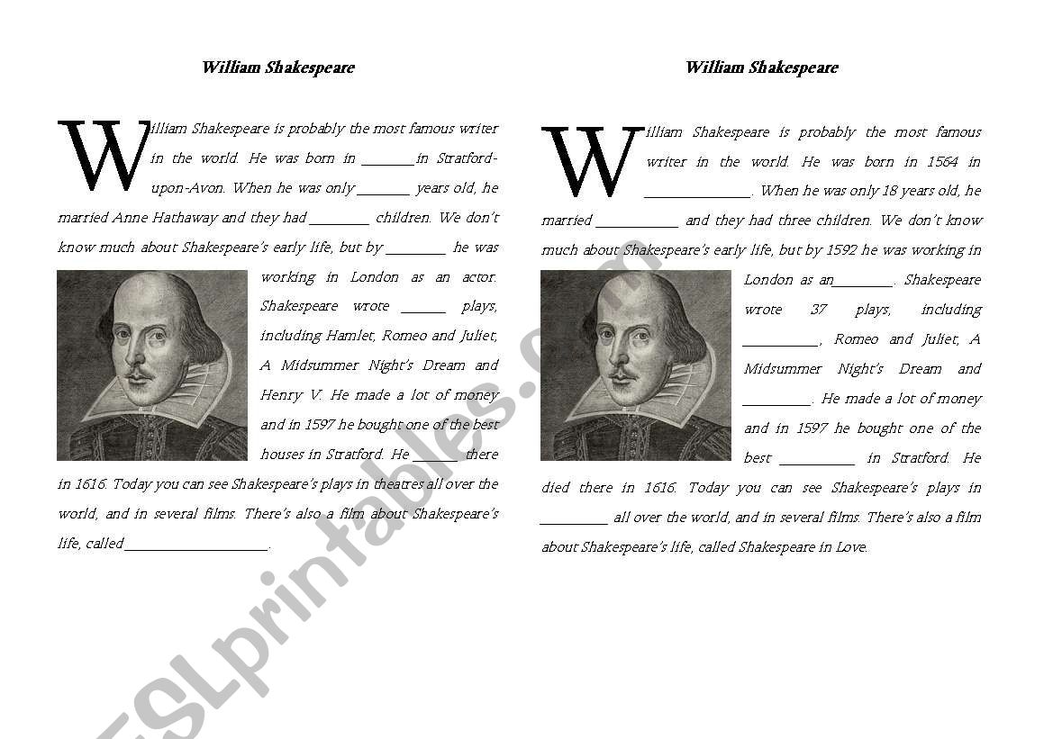 William Shakespeare - reading and gap-filling activity
