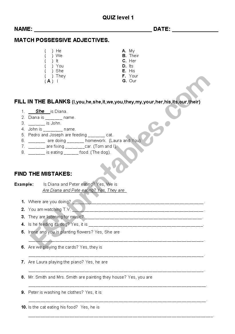 Quiz level 1 worksheet