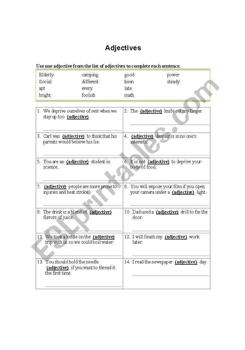 Place the correct adjective worksheet