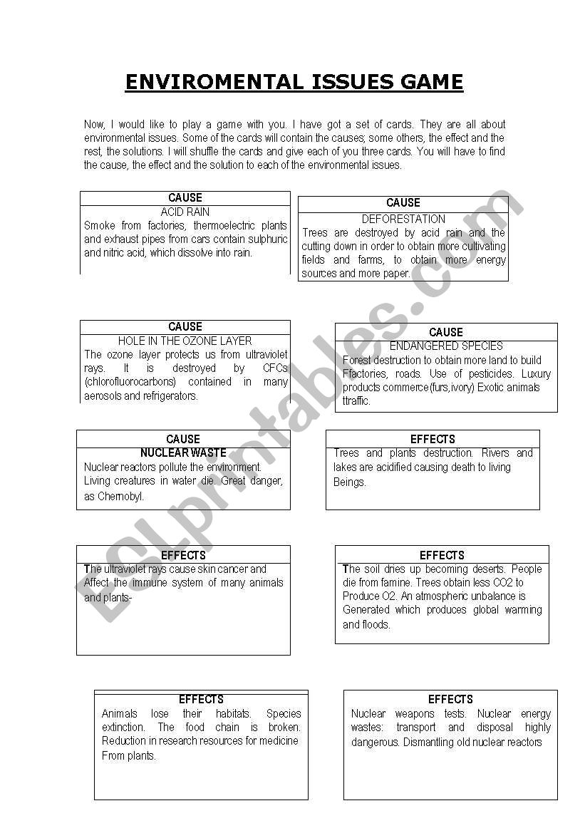 ENVIROMENTAL ISSUES GAME worksheet