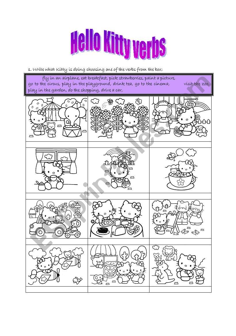Hello Kitty verbs matching worksheet