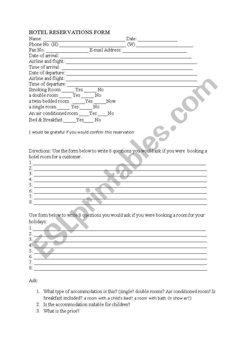 hotel reservation form worksheet
