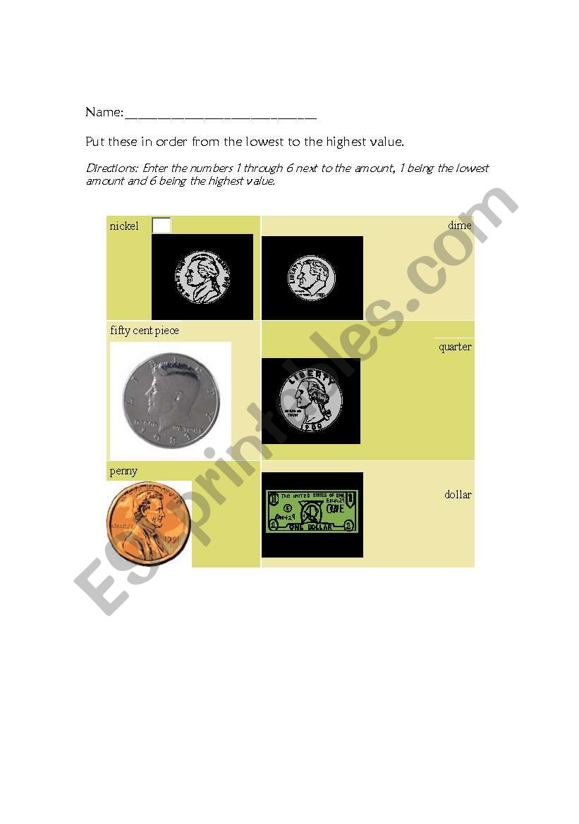 Identify the coins and match worksheet