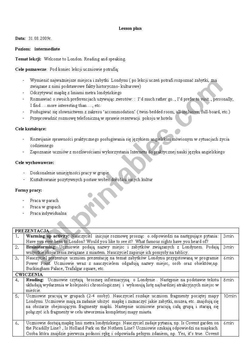 lesson plan. welcome to London.