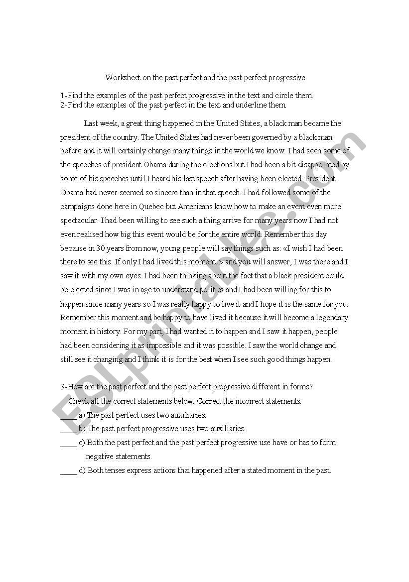 Worksheet on the past perfect and the past perfect progressive