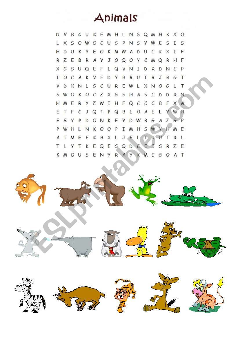 animals wordsearch worksheet