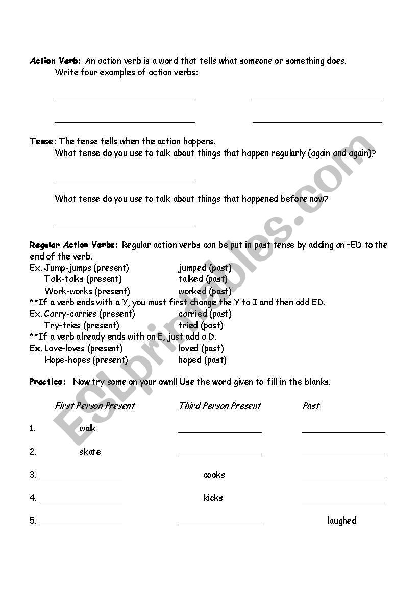 Action Verb worksheet practice