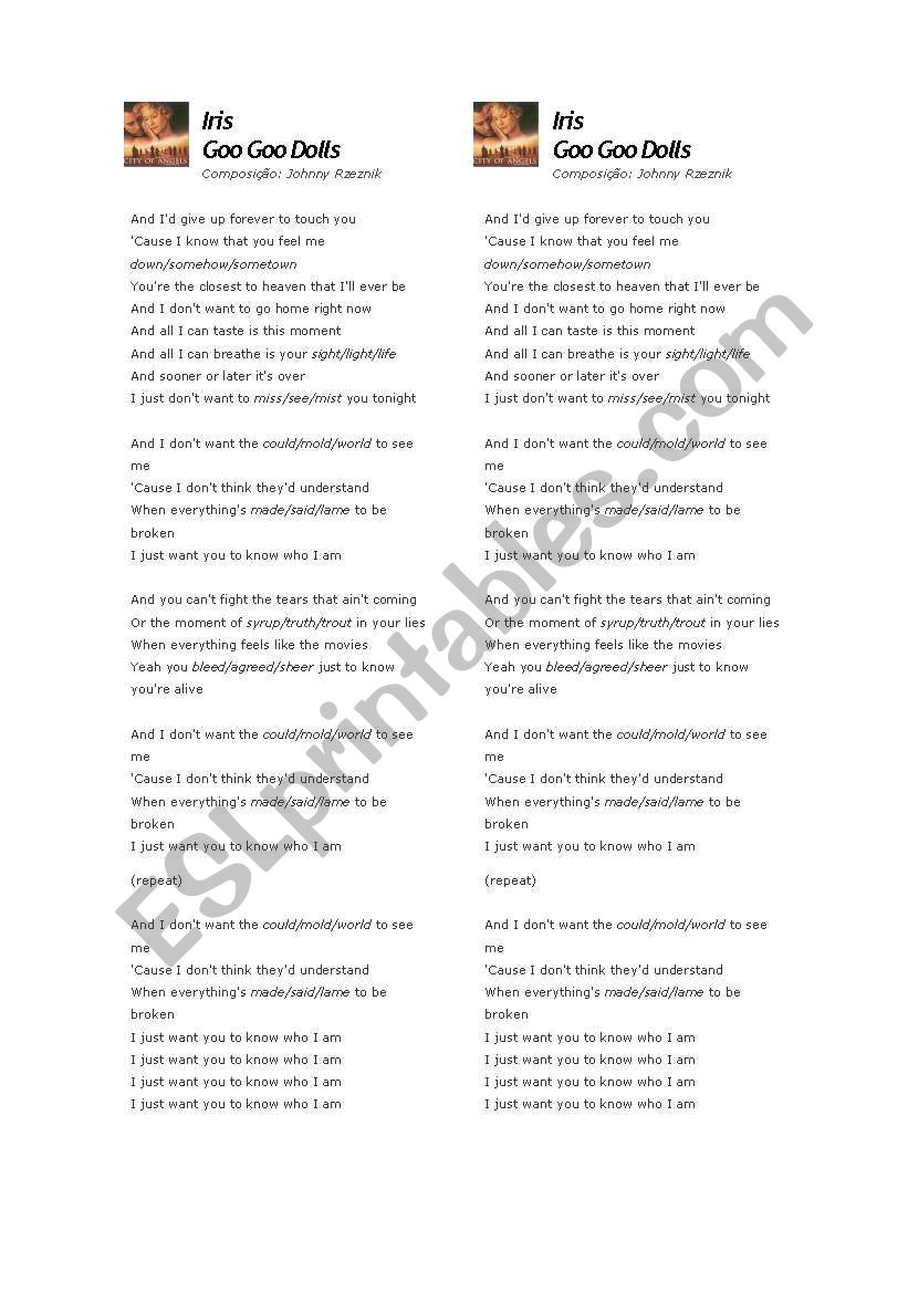 Song - Goo goo dolls - Iris worksheet