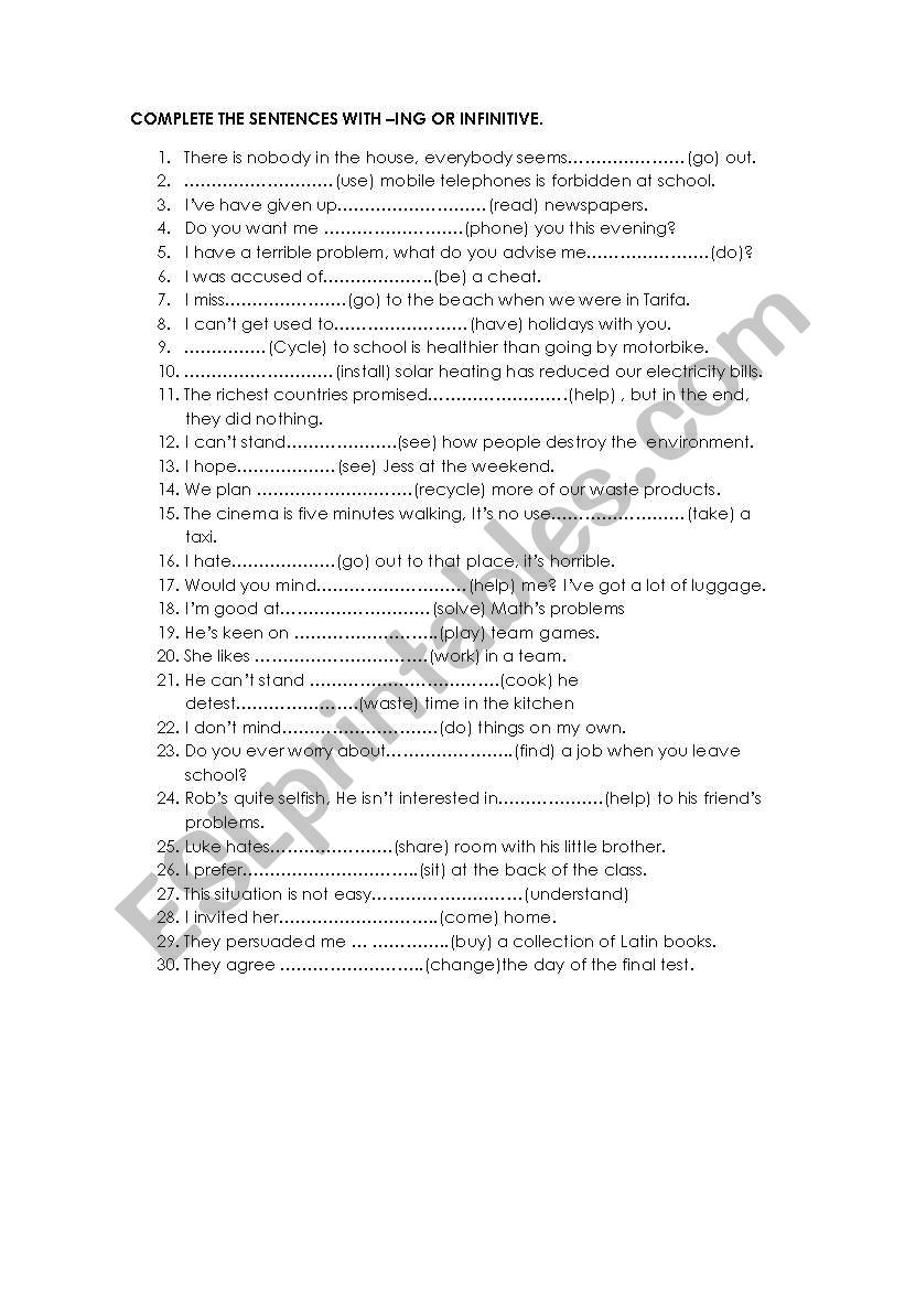 gerund and infinitive worksheet