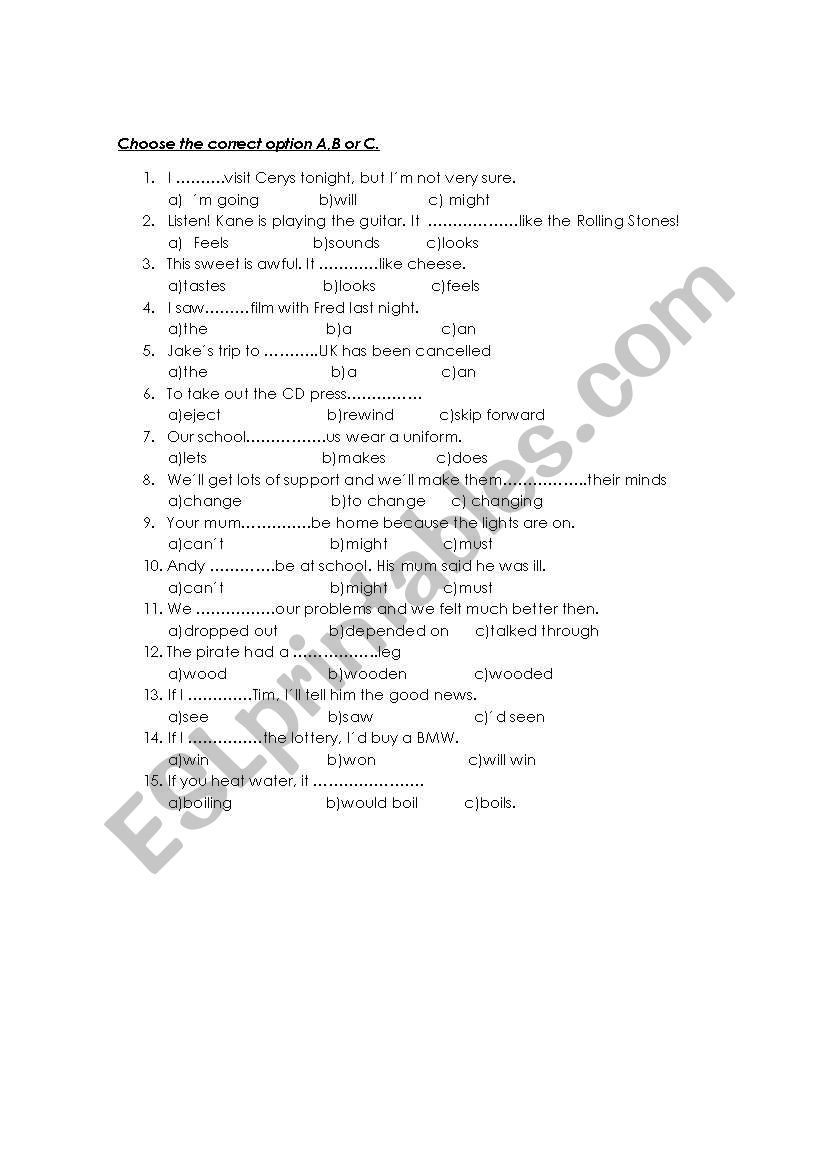 grammar multiple chice worksheet