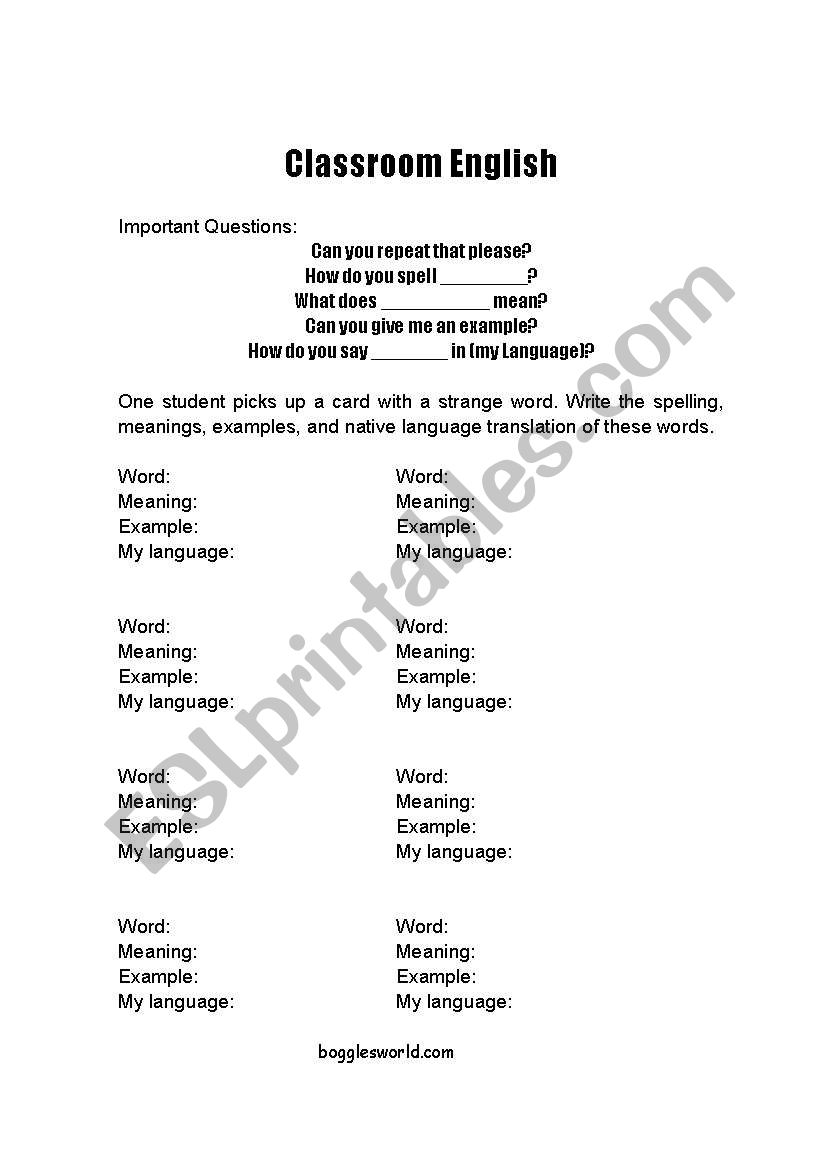 Classroom vocabulari worksheet