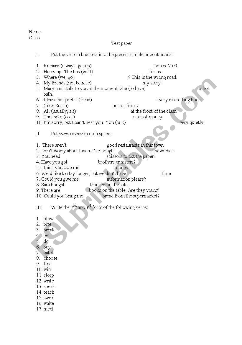 verb tenses test worksheet
