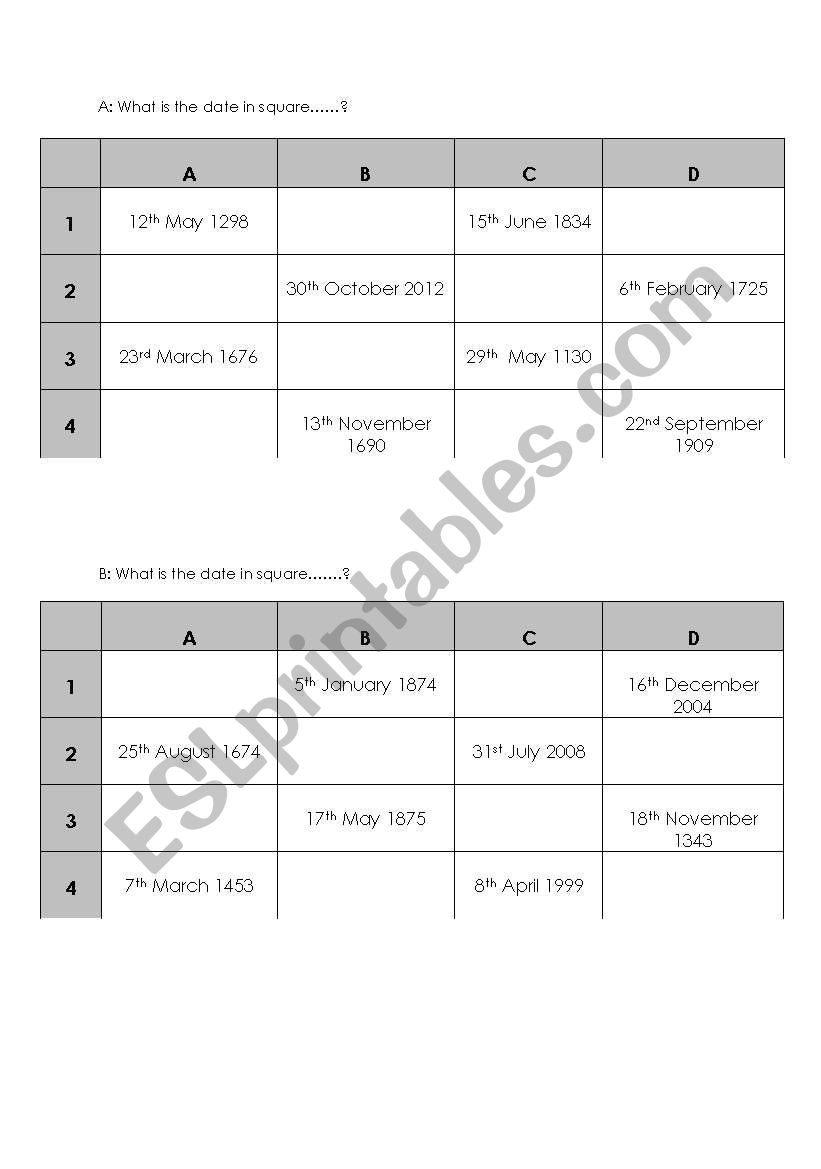 Dates and Numbers Grid worksheet