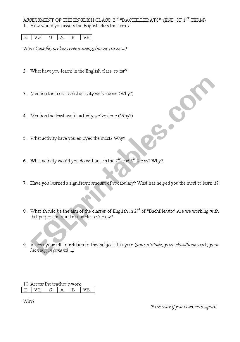 Assessment Sheet 2nd Bachillerato. Mid-year