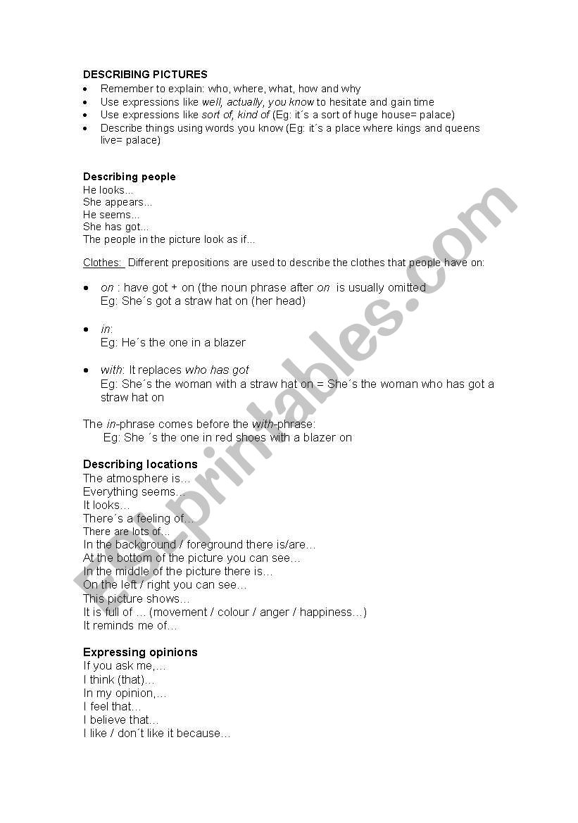 Describing Pictures worksheet