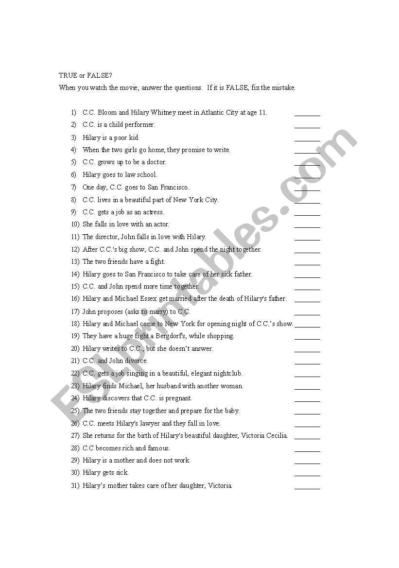 Beaches Movie worksheet