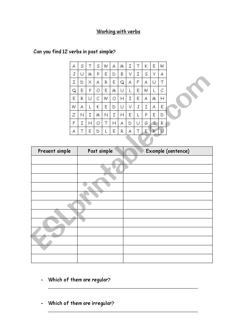 Working with verbs in past worksheet