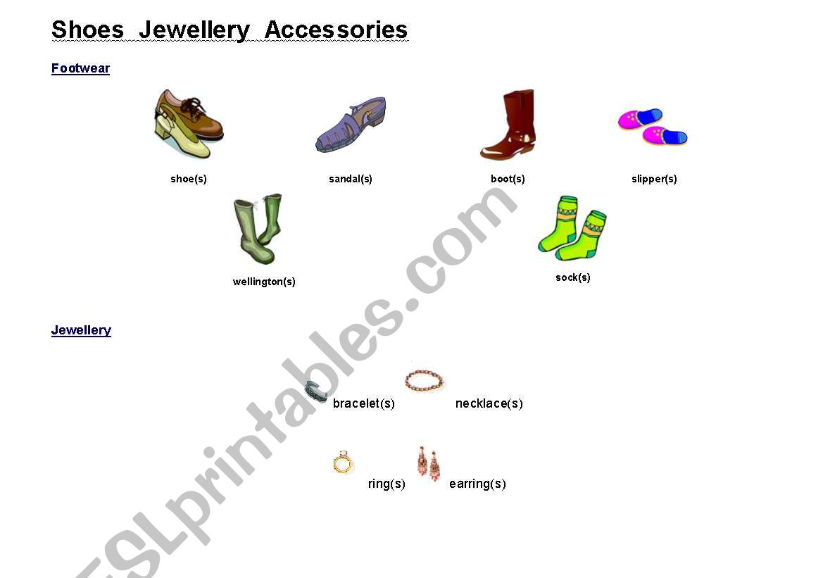 Shoes Jewellery Accessories worksheet