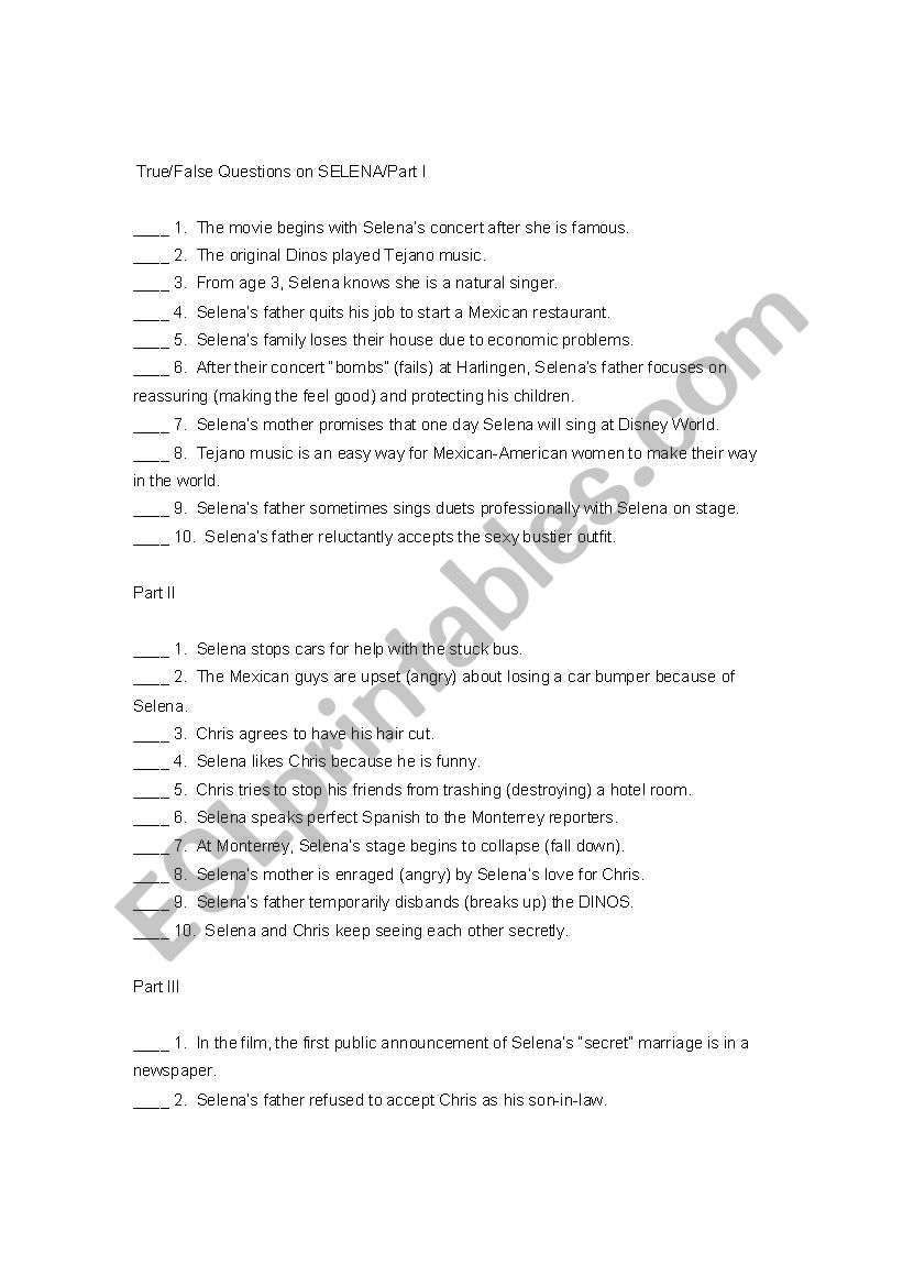 selena T/F worksheet