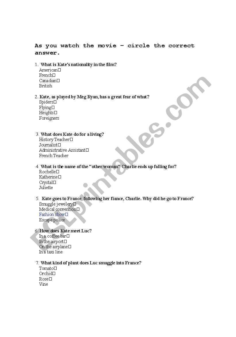 french kiss movie worksheet