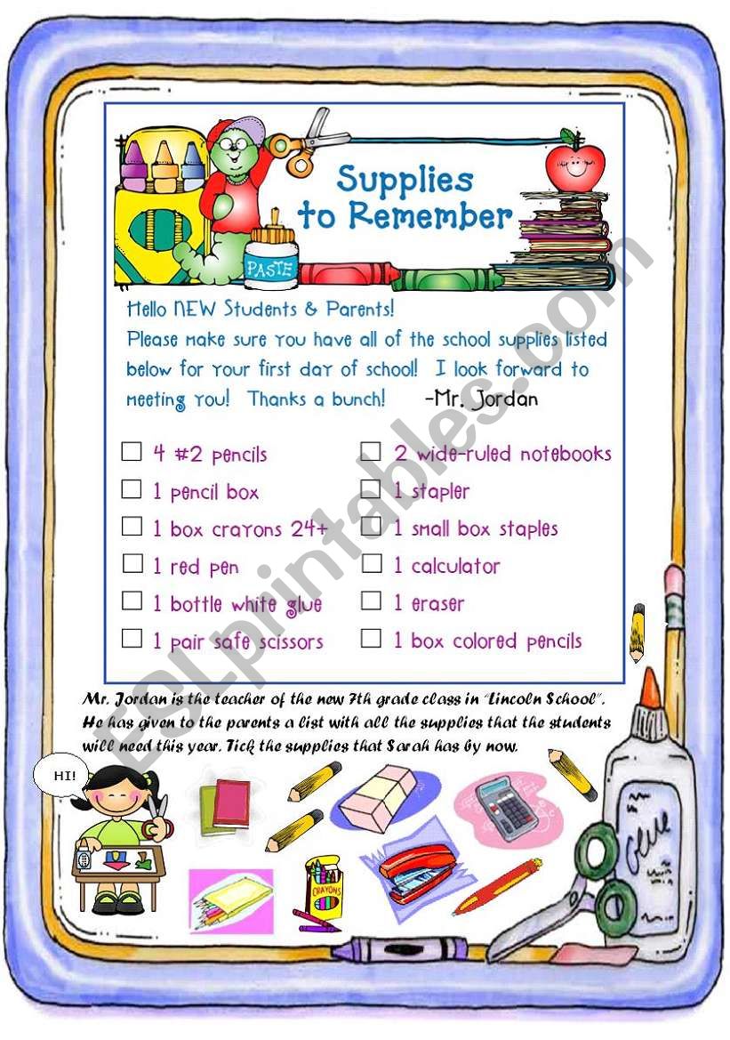 SCHOOL SUPPLIES  worksheet