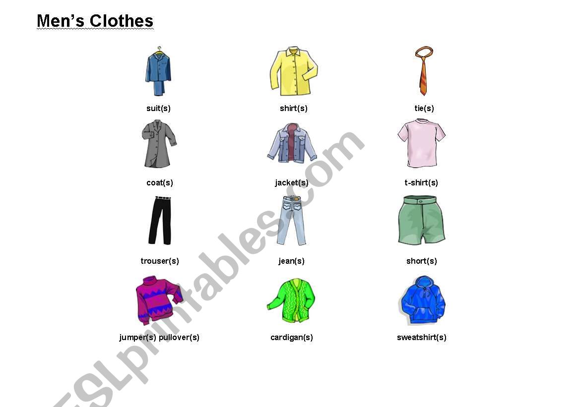 mens clothes worksheet
