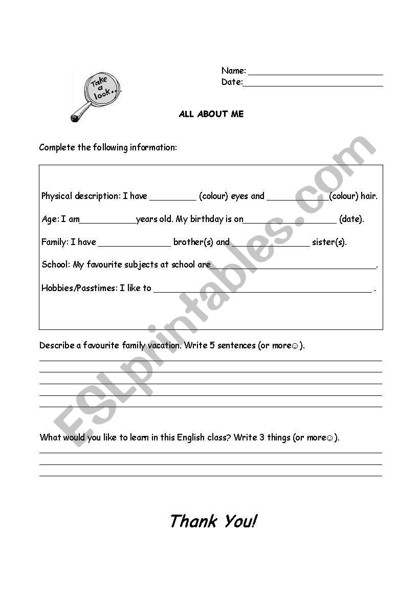 All About Me worksheet