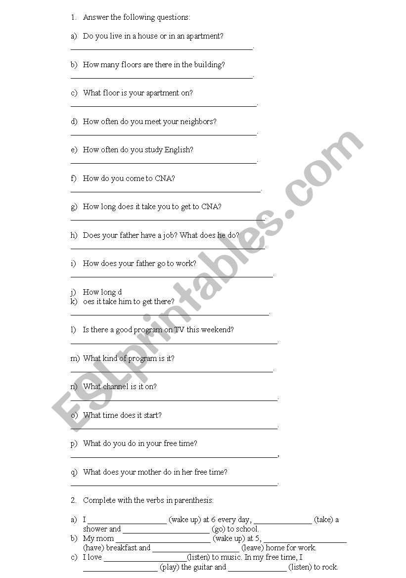 questions worksheet